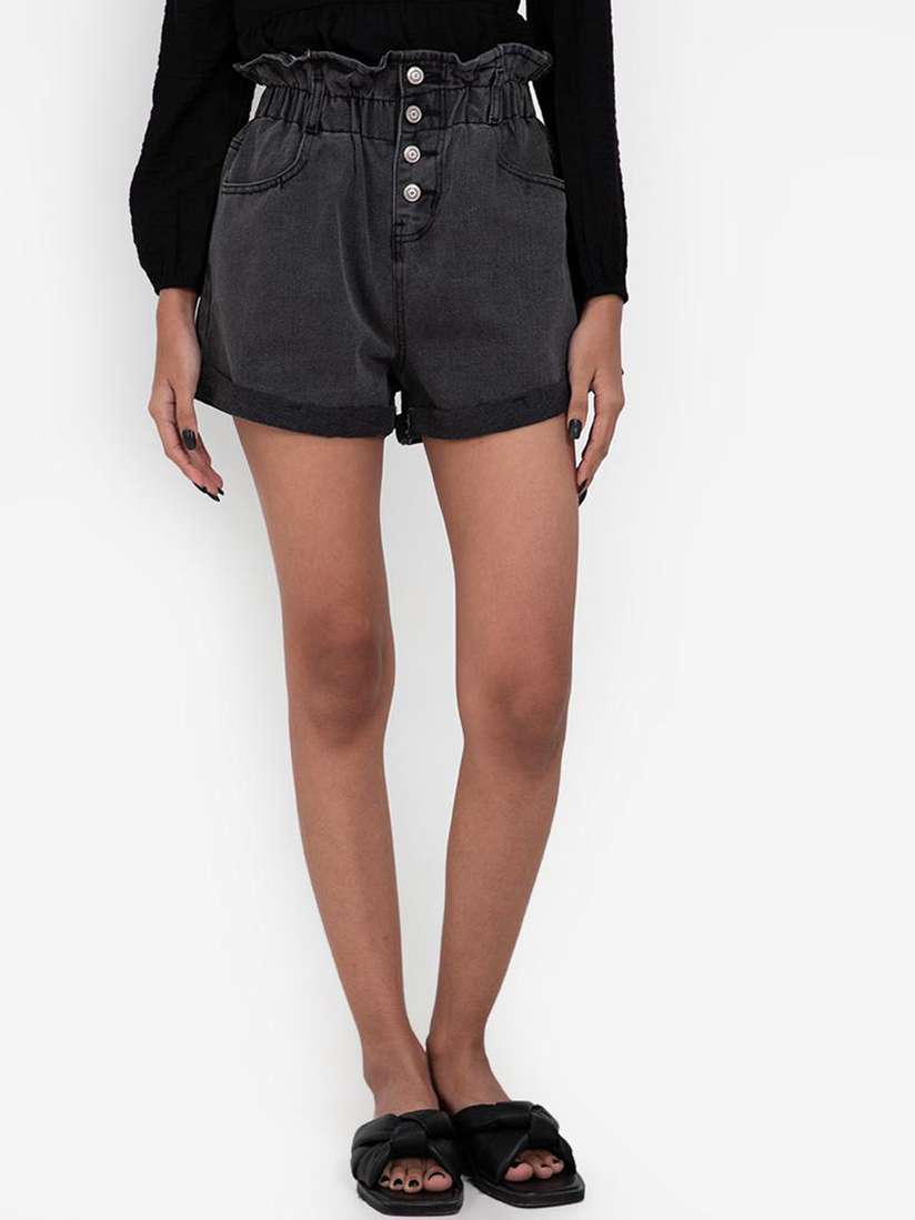 Buy ZALORA BASICS Women Grey Button Fly Paper Bag Denim Shorts