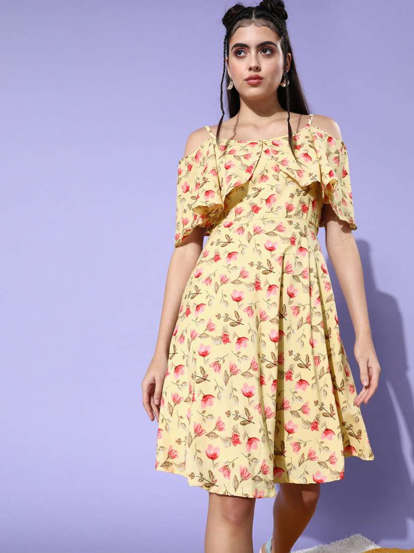 Buy InWeave Women Bright Yellow Floral Cold Shoulder Sleeves Dress Dresses for Women 16818602 Myntra