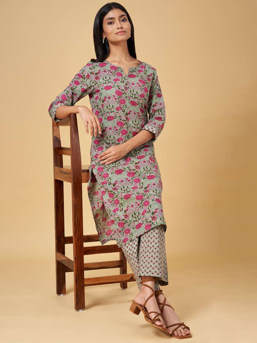 Buy RANGMANCH BY PANTALOONS Women Grey Floral Printed Pure Cotton Kurti with Trousers Kurta Sets for Women 16826526 Myntra