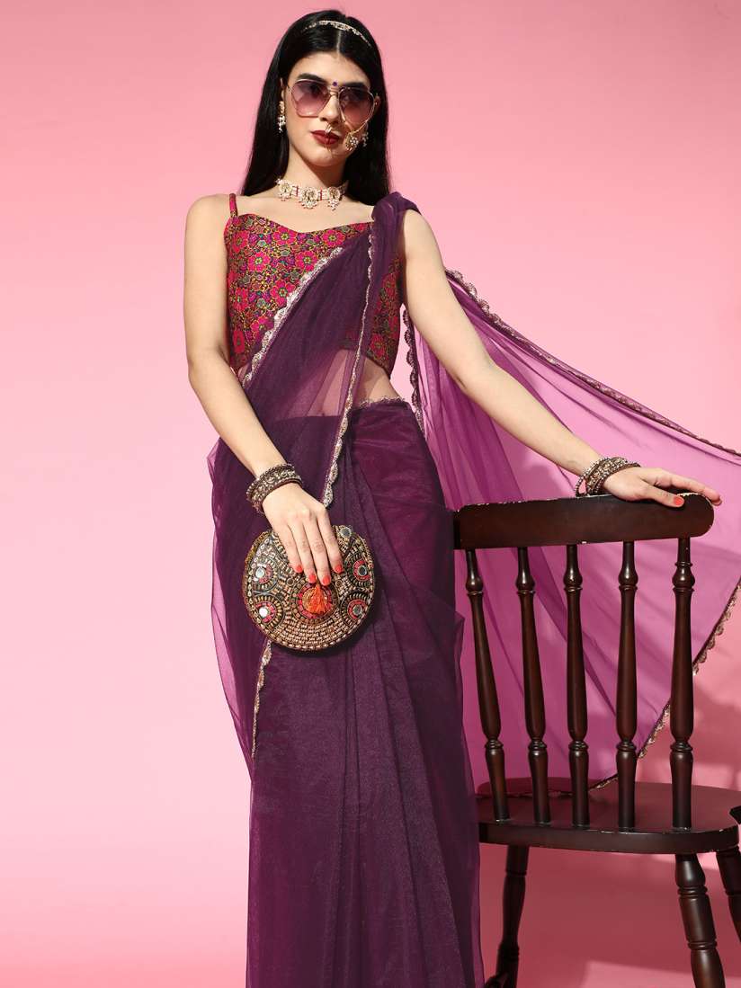 Buy Inddus Women Wine Embroidered Net Saree with Silk Blend Blouse Piece Sarees for Women 16828172 Myntra