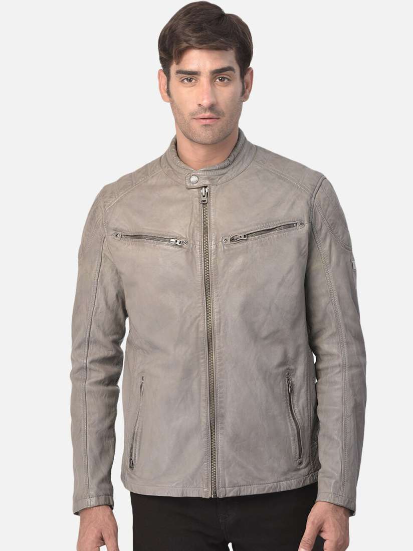 Grey colour leather jacket top