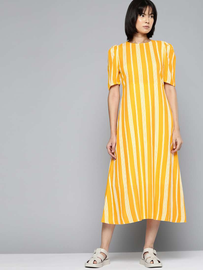 Yellow white striped dress store