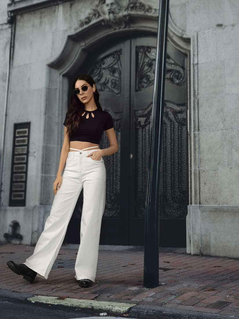 Buy Roadster Women White Wide Leg High Rise Stretchable Jeans With Tie up Detail At the Waist Jeans for Women 16835324 Myntra