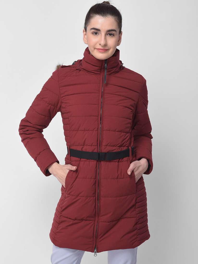 Buy Woodland Women Burgundy Water Resistant Longline Padded Jacket with Belt Jackets for Women 16838240 Myntra