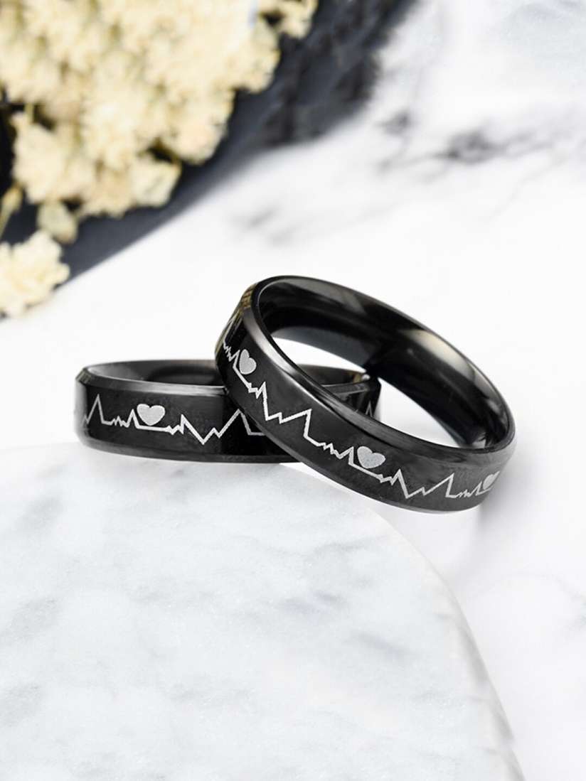 Buy Yellow Chimes Set of 2 Black Rhodium Plated Stainless Steel Heartbeat Wave Design Couple Band Rings Ring for Unisex 16867004 Myntra