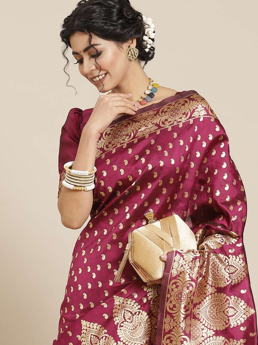 Buy Mitera Magenta Floral Zari Silk Blend Kanjeevaram Saree Sarees for Women 16872524 Myntra