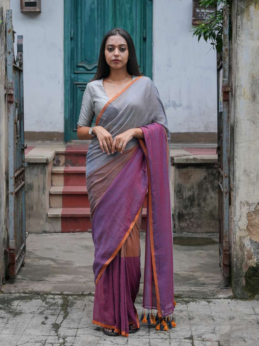 Buy Suta Grey Purple Pure Cotton Saree Sarees for Women 16909184 Myntra