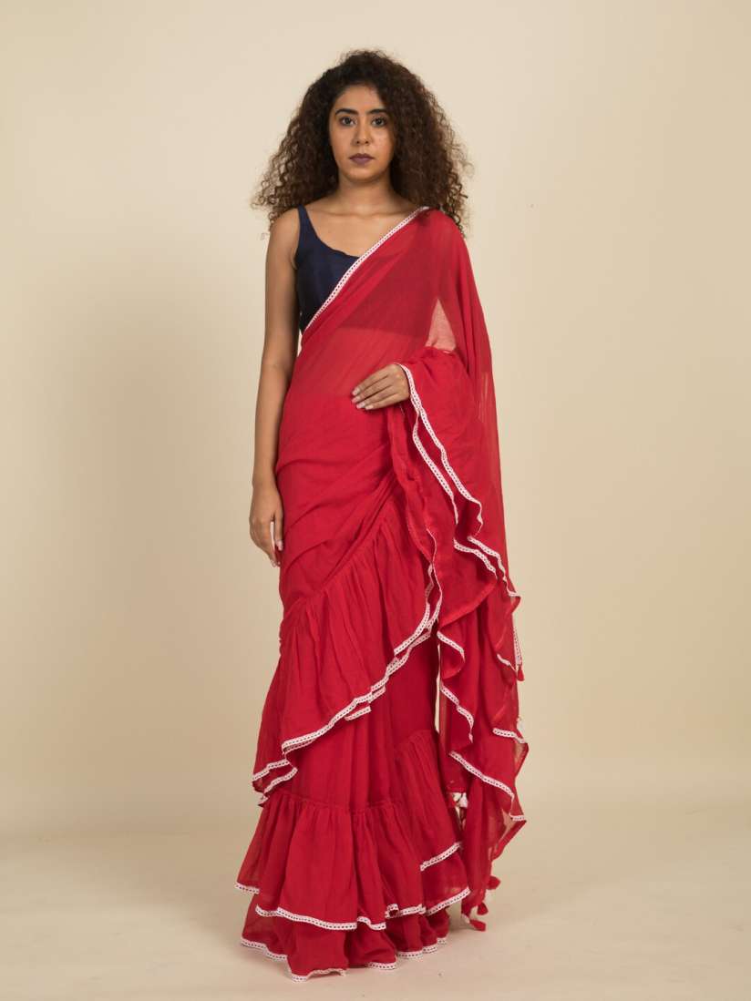 Buy Suta Red White Pure Cotton Ruffle Saree With Lace Sarees for Women 16909550 Myntra