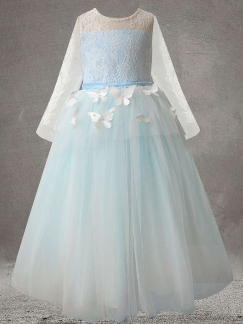 Buy A.T.U.N. Blue White Floral Embroidered Net Maxi Butterfly Trail Dress Dresses for Girls 16937490 Myntra