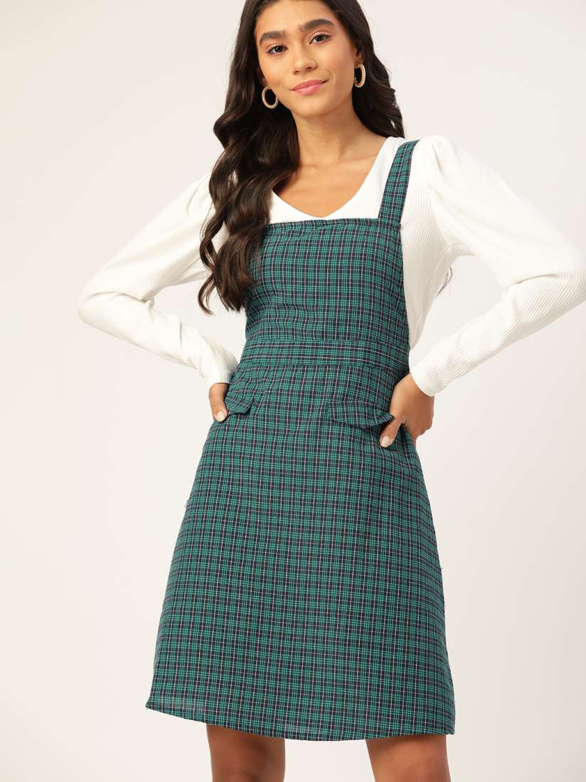 Buy DressBerry Navy Blue Teal Green Checked Pinafore Dress Dresses for Women 16950644 Myntra