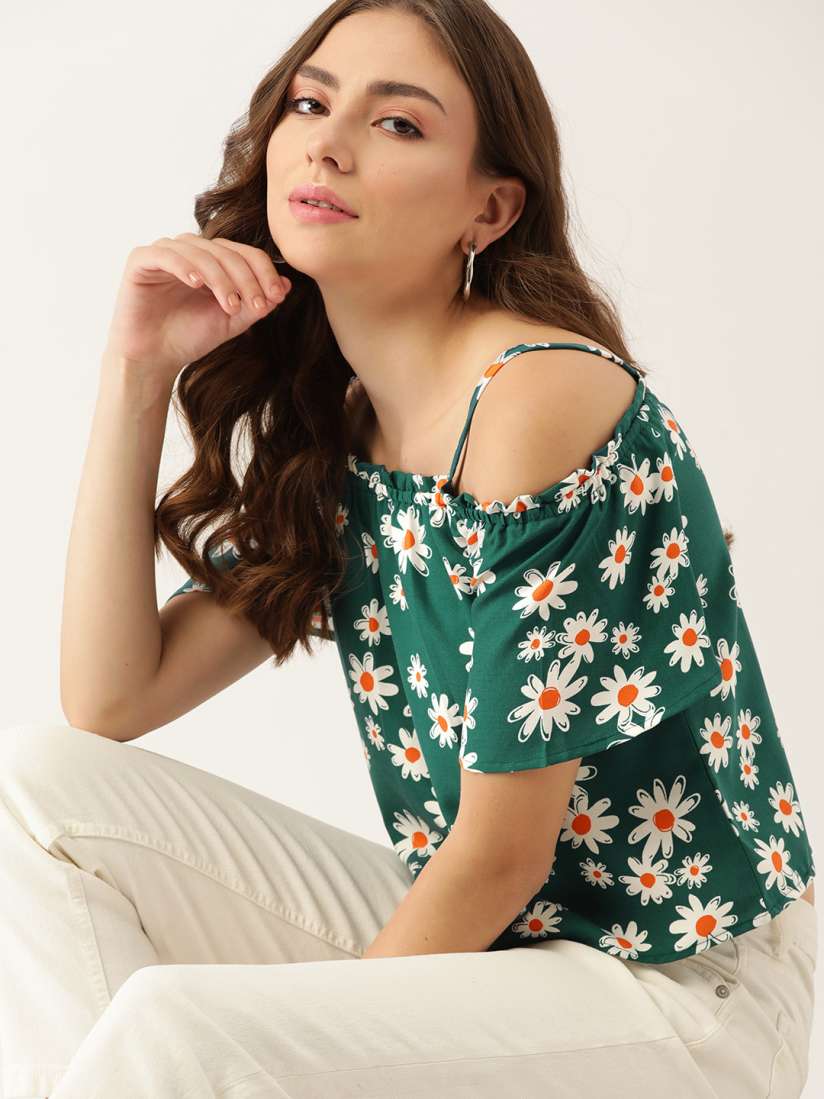 Buy DressBerry Women Green White Floral Printed Cold Shoulder Crop Top Tops for Women 16953102 Myntra