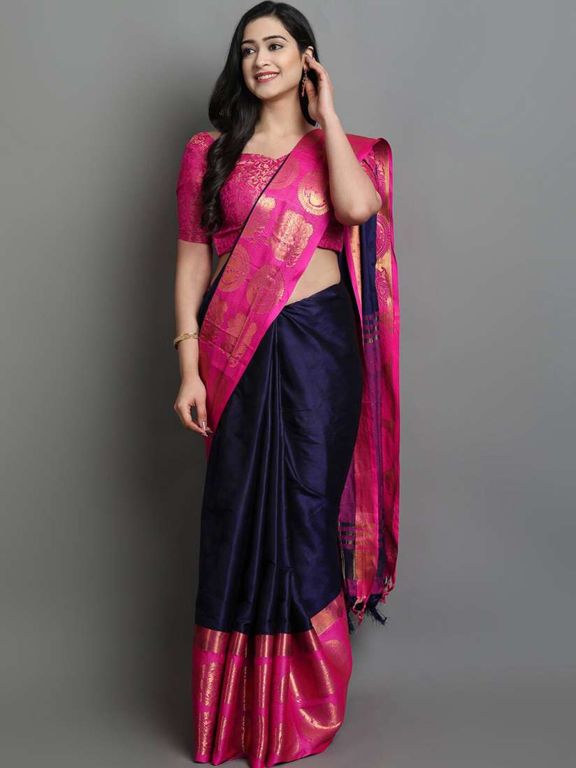 Buy KALINI Navy Blue Fuchsia Woven Design Zari Silk Cotton Saree Sarees for Women 16967660 Myntra
