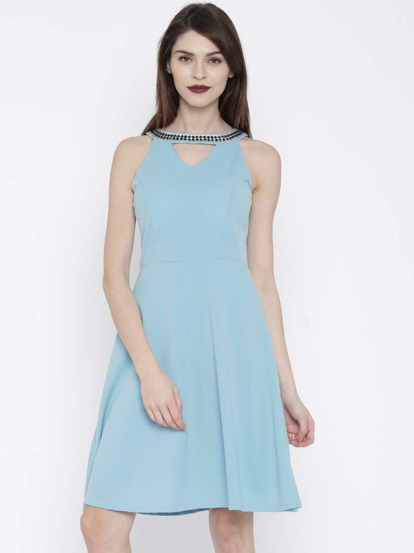 Buy Deal Jeans Women Blue Solid Skater Dress with Embellished Details Dresses for Women 1697821 Myntra