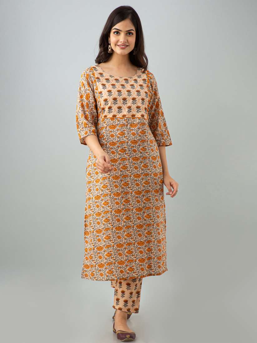 Buy KALINI Women Brown Floral Printed Pure Cotton Kurti with Trousers Kurta Sets for Women 16985242 Myntra