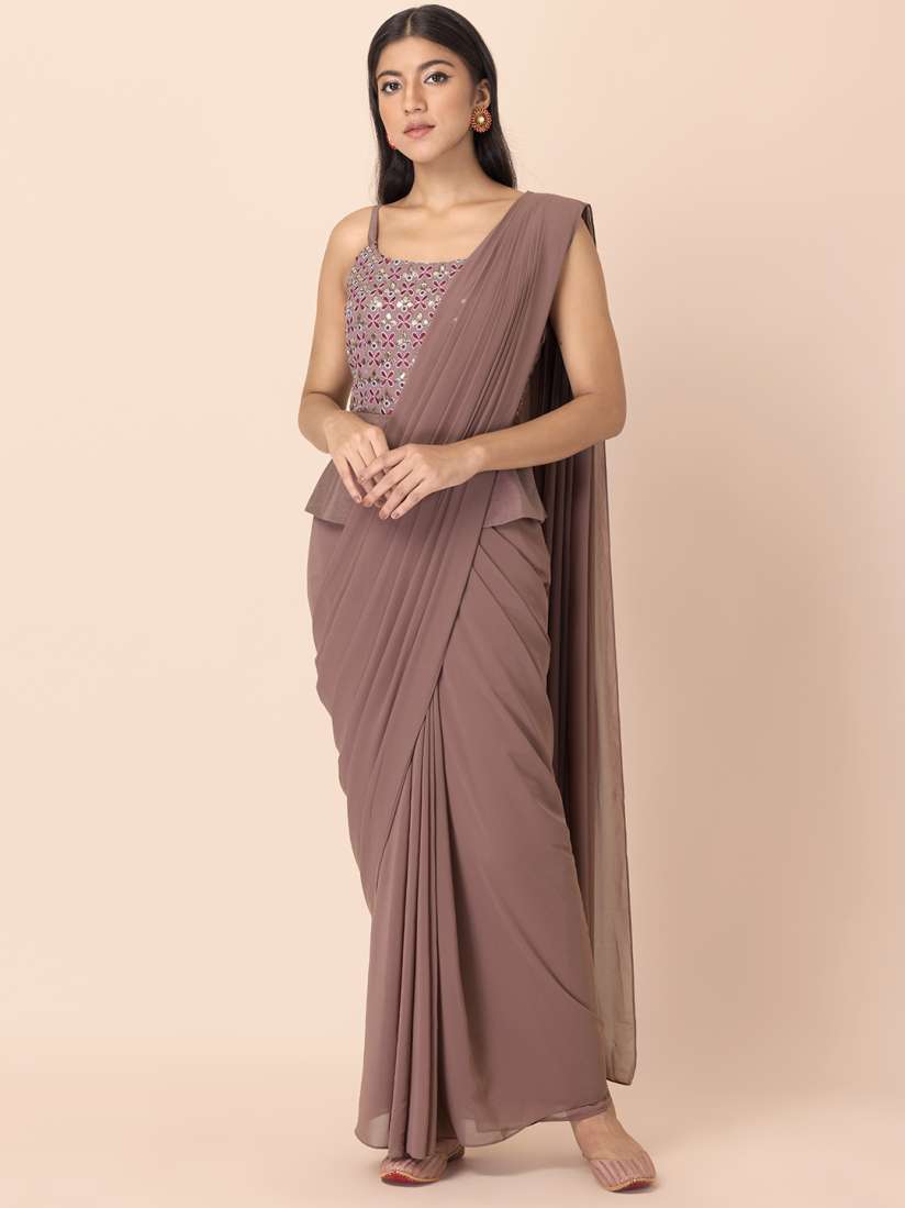 Buy INDYA X Shraddha Kapoor Pink Mirror Embroidered Ready To Wear Saree with Attached Blouse Sarees for Women 16988244 Myntra