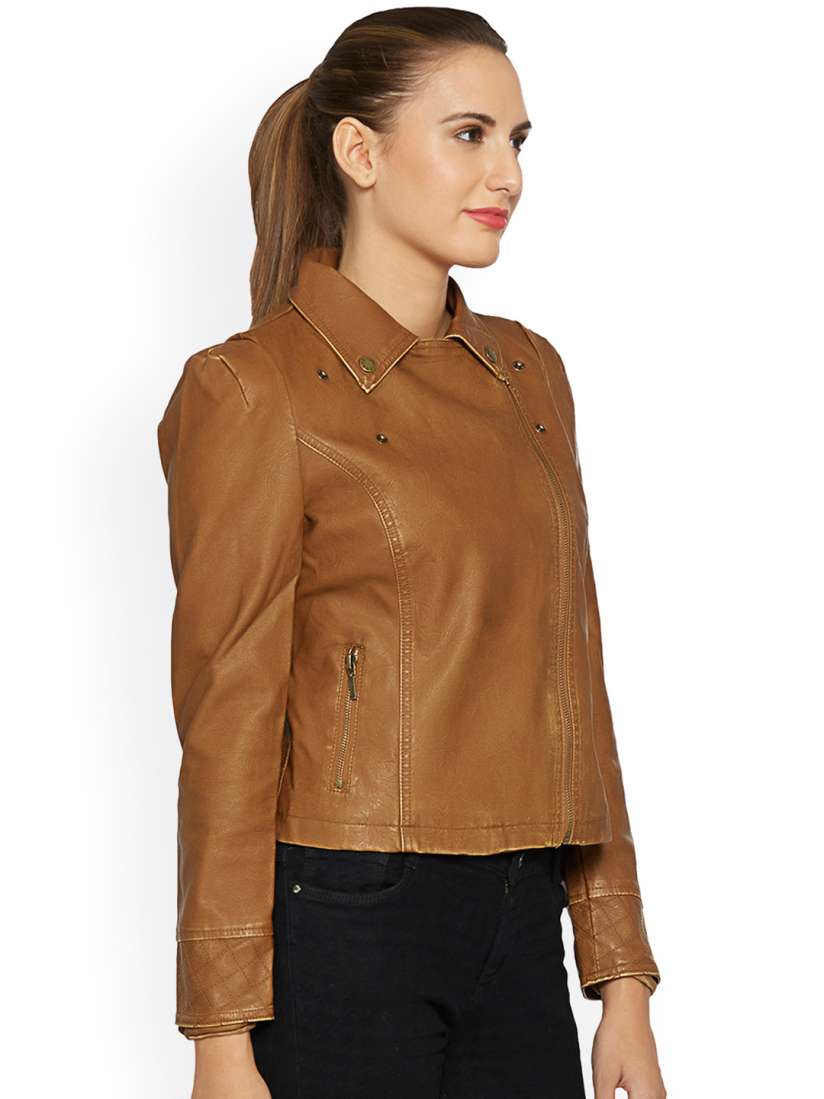 Buy Kraus Jeans Tan Brown Biker Jacket Jackets for Women 1699566 Myntra