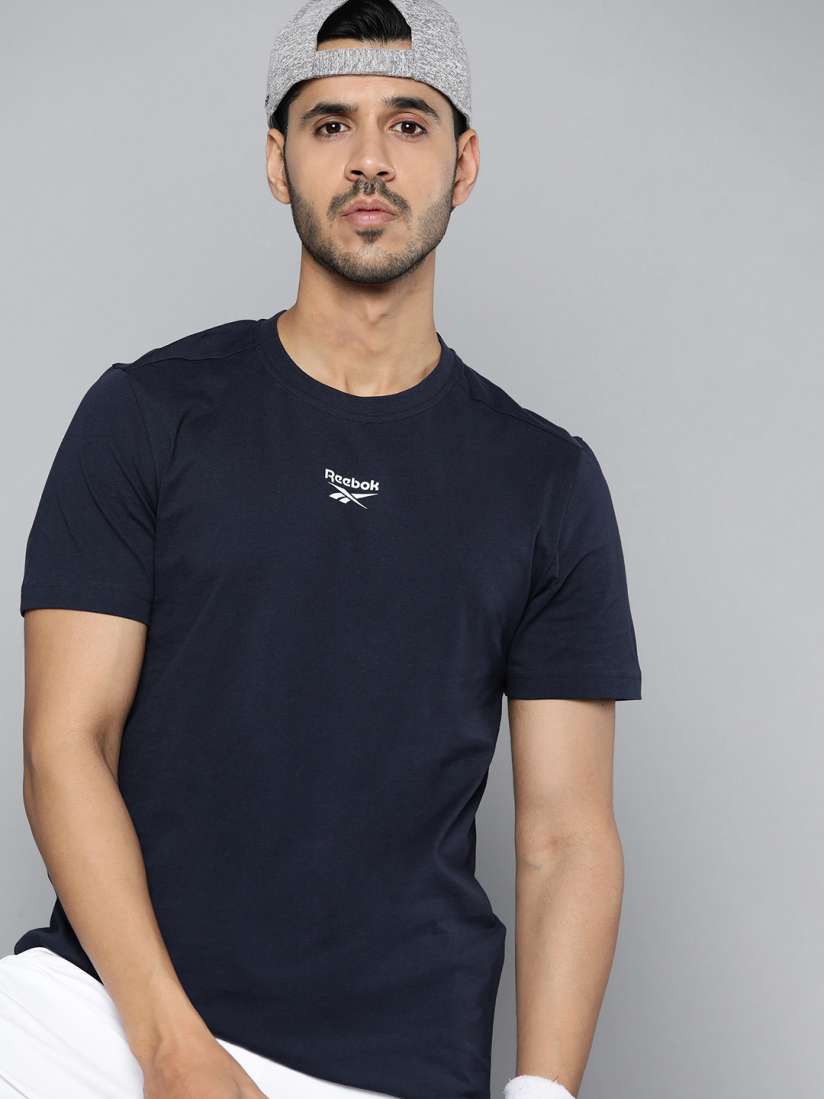 Buy Reebok Men Navy Blue Pure Cotton Solid Regular Fit Indigo Training or Gym T shirt Tshirts for Men 17002606 Myntra