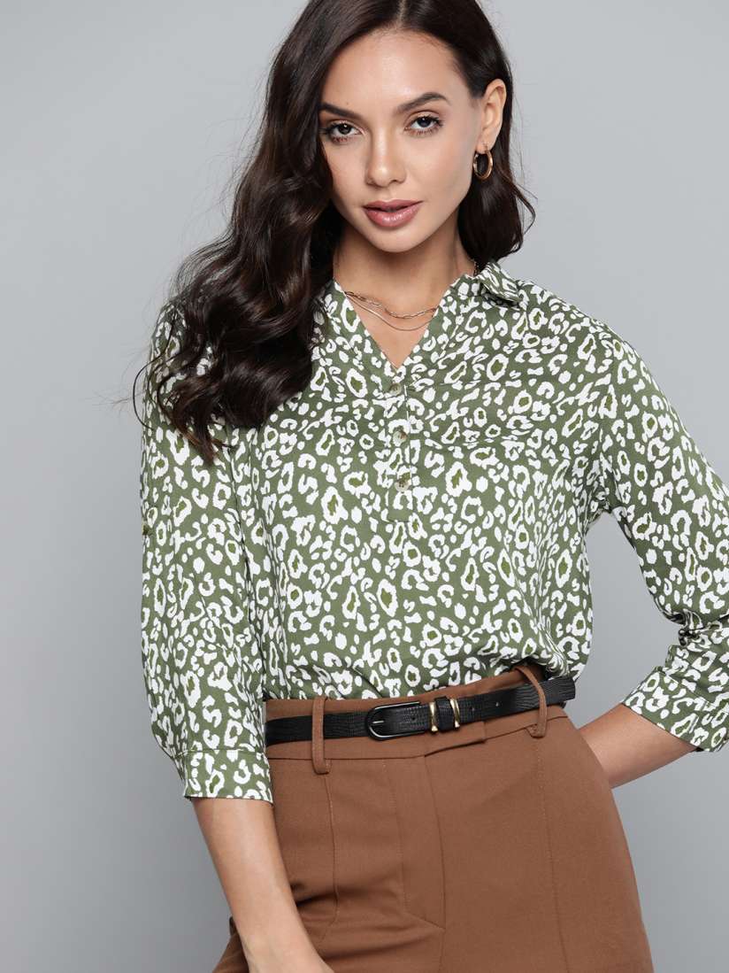 Buy Chemistry Women Olive Green Leopard Print Roll Up Sleeves Top Tops for Women 17011458 Myntra