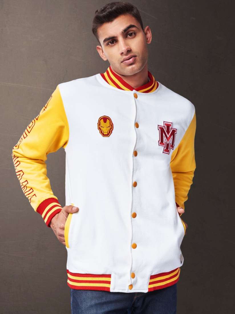 Buy The Souled Store Men White Yellow Iron Man Typography Varsity Jacket Jackets for Men 17021716 Myntra