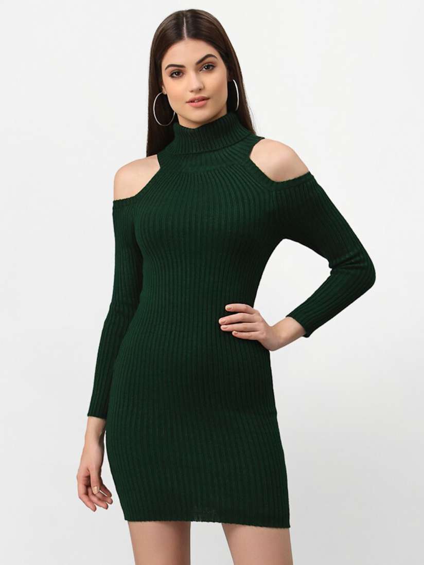 Buy Miramor Green Solid Cold Shoulder Sweater Mini Dress Dresses for Women 17024420 Myntra