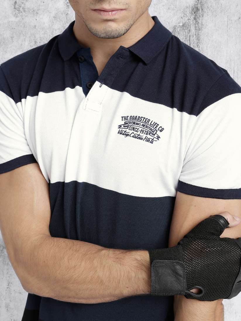 Buy Roadster Men Blue White Colourblocked Polo Pure Cotton T-shirt