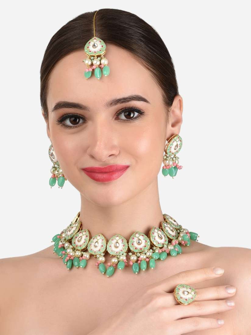 Buy Zaveri Pearls Green Pink Meenakari Kundan Choker Necklace Earring Maangtikka Ring Set Jewellery Set for Women 17057250 Myntra