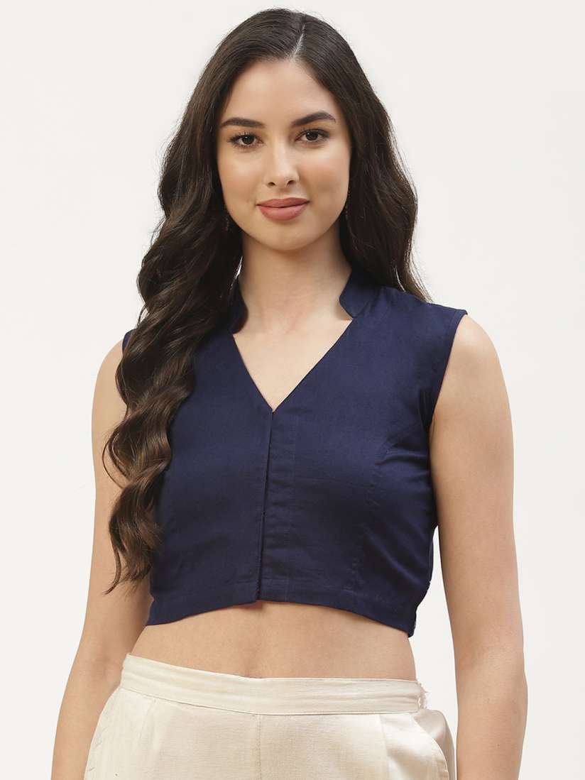 Buy Molcha Women Navy Blue Solid Mandarin Collar Sleeveless Saree Blouse Saree Blouse for Women 17066514 Myntra