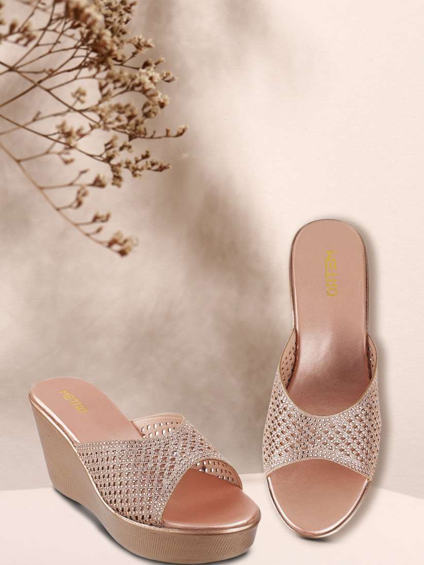 Buy Metro Gold Toned Embellished Wedge Sandals Heels for Women 17118422 Myntra