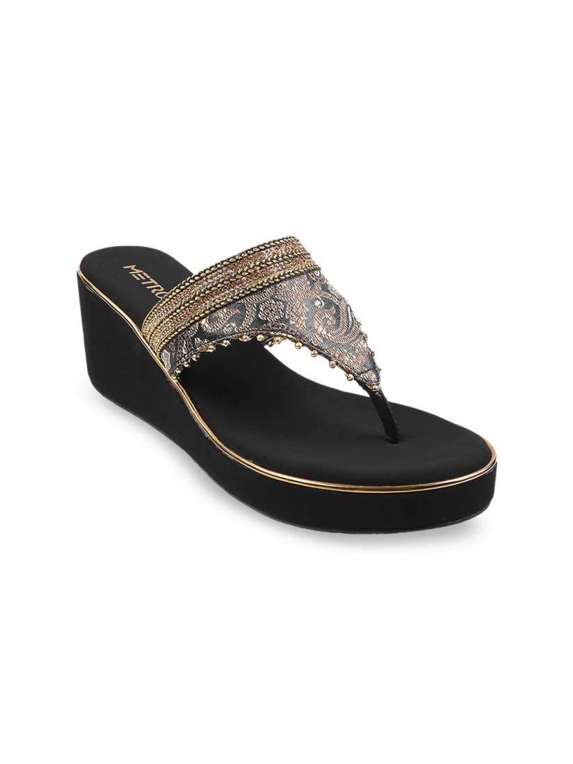 Buy Metro Black Embellished Wedge Sandals Heels for Women 17118478 Myntra