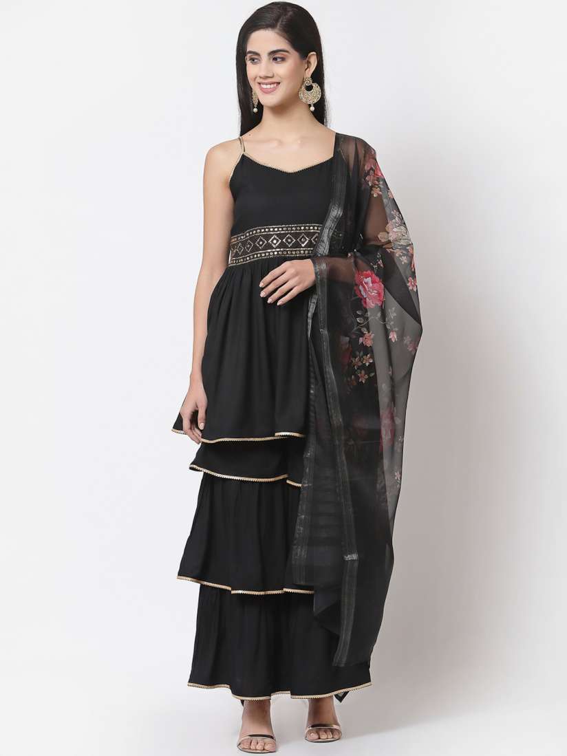 Buy Myshka Women Black Embroidered Layered Kurti with Sharara With Dupatta Kurta Sets for Women 17140542 Myntra
