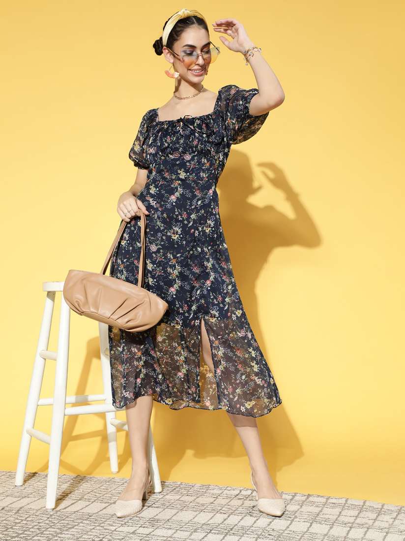 Buy Athena Women Deep Navy Blue Floral Volume Play Dress Dresses for Women 17142546 Myntra