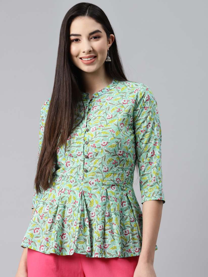 Buy MALHAAR Green Floral Printed Cambric Pleated Kurti Kurtis for Women 17156580 Myntra