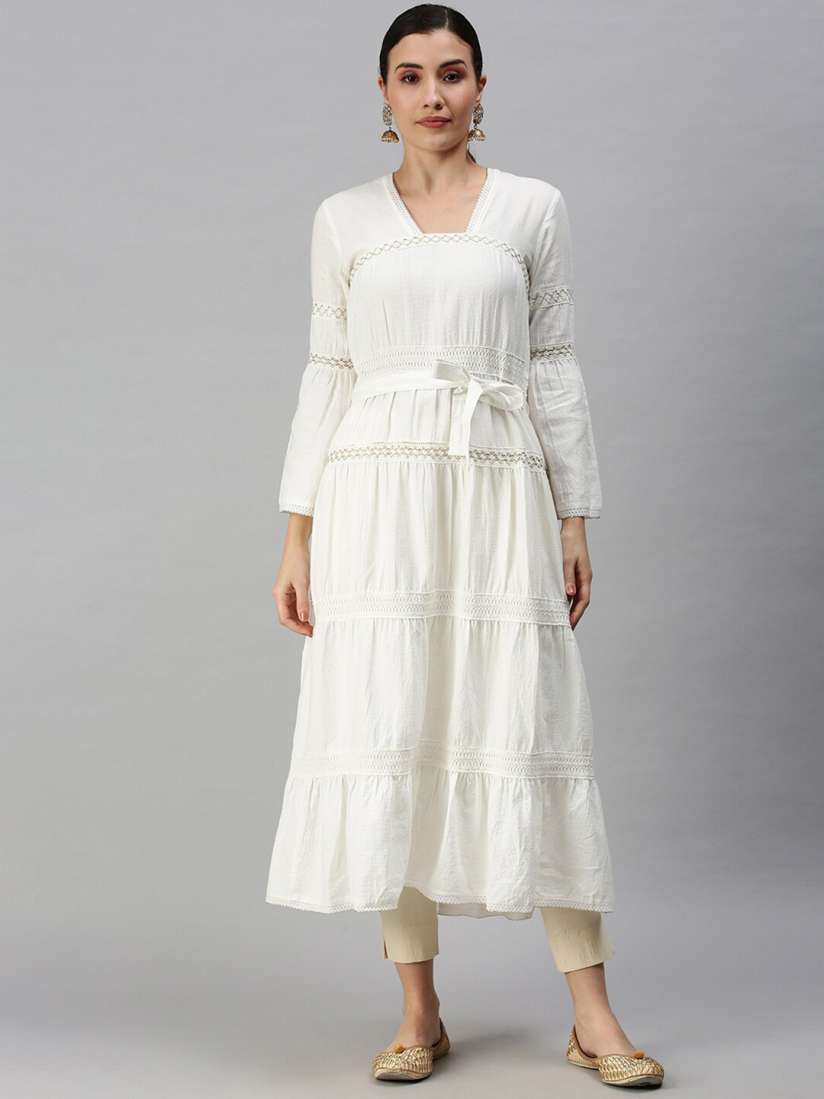 Buy SHOWOFF Women White Square Neck Thread Work Tiered Anarkali Kurta Kurtas for Women 17183790 Myntra