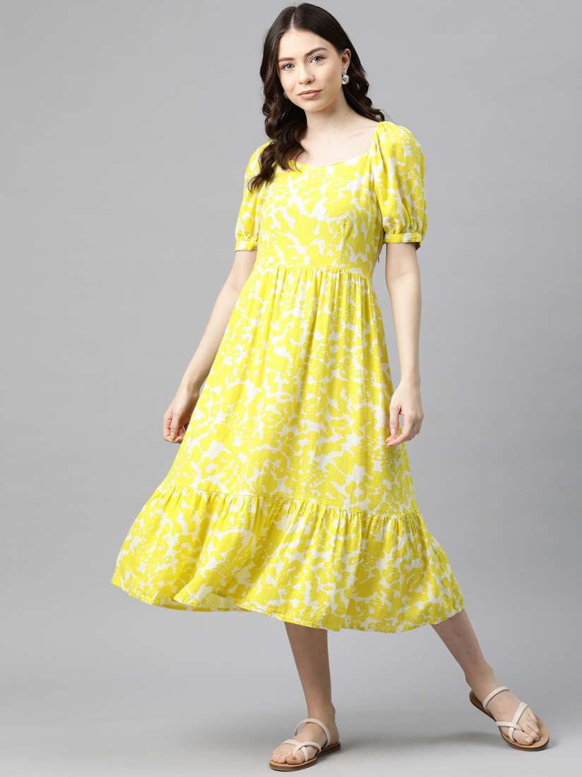 Buy Marks Spencer Yellow Print Puff Sleeve Linen A Line Midi Dress Dresses for Women 17184972 Myntra