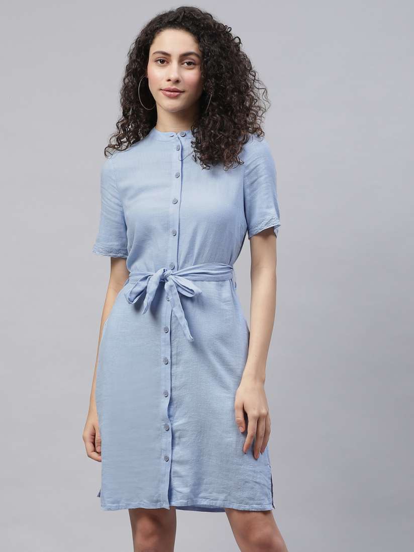 Buy Marks Spencer Blue Solid Shirt Dress with Belt Dresses for Women 17185082 Myntra