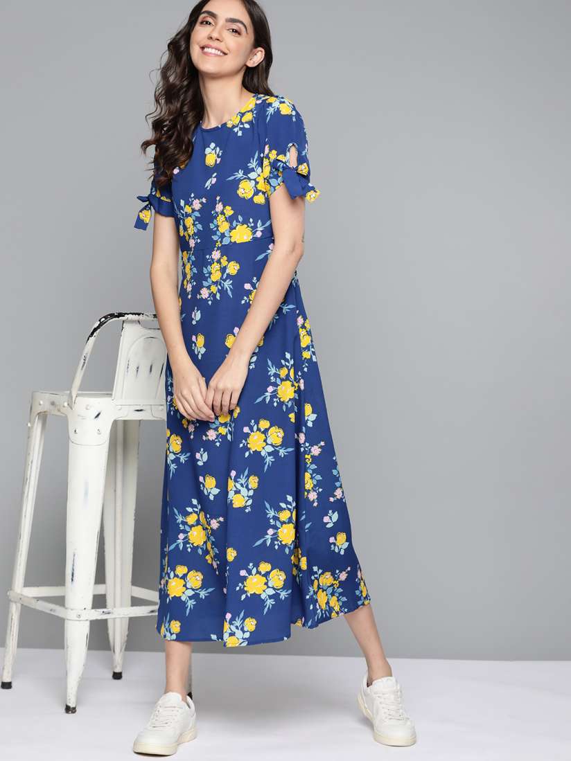 Buy Mast Harbour Blue Yellow Floral A Line Midi Dress Dresses for Women 17189072 Myntra