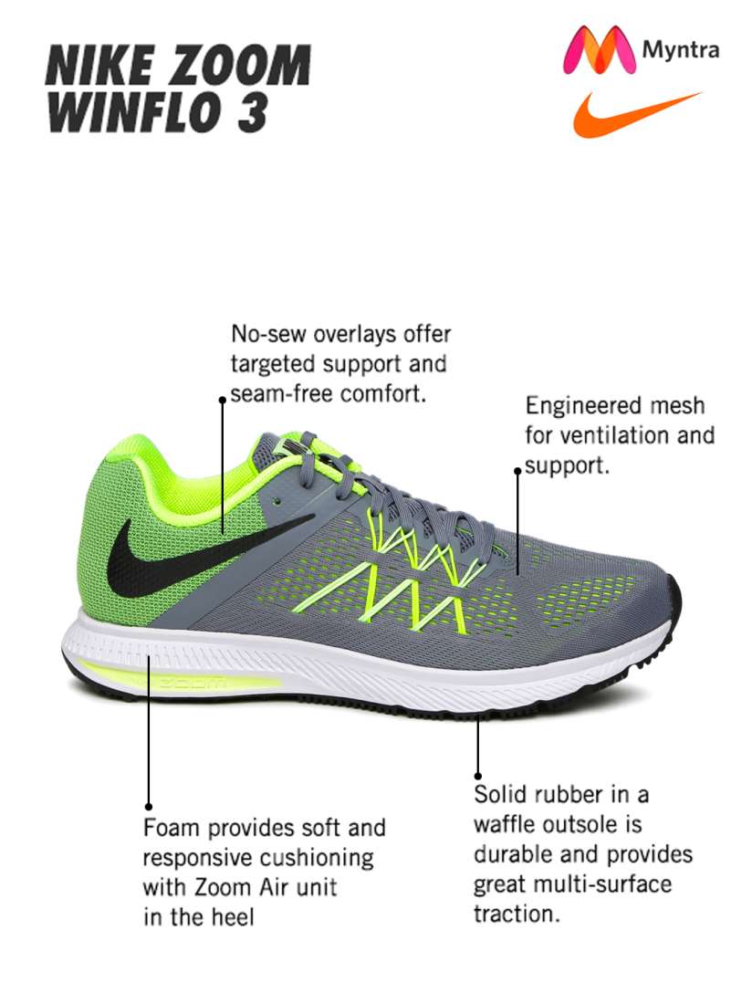 Buy Nike Men Grey Neon Green Zoom Winflo 3 Running Shoes Sports Shoes for Men 1719380 Myntra