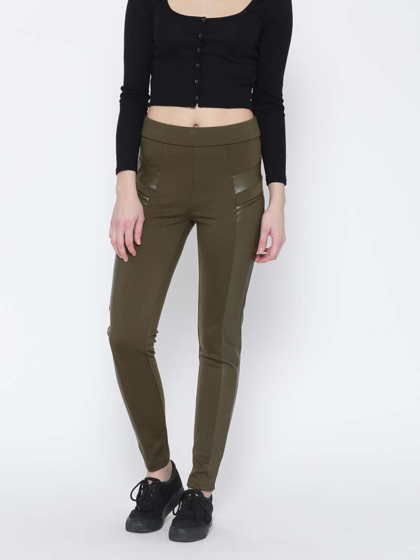 Buy FOREVER 21 Olive Green Panelled Skinny Fit Jeggings Jeggings for Women 1719557 Myntra