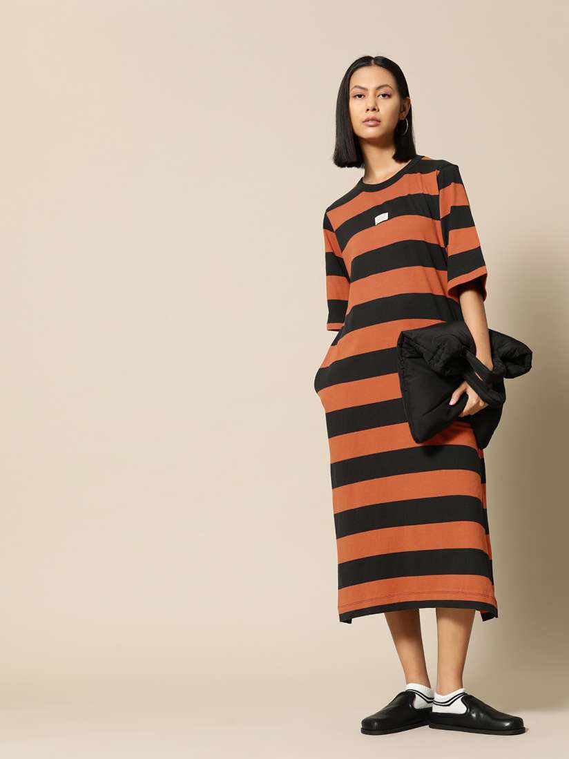 Buy BOWER Pure Cotton Striped T shirt Midi Dress Dresses for Women 17196510 Myntra