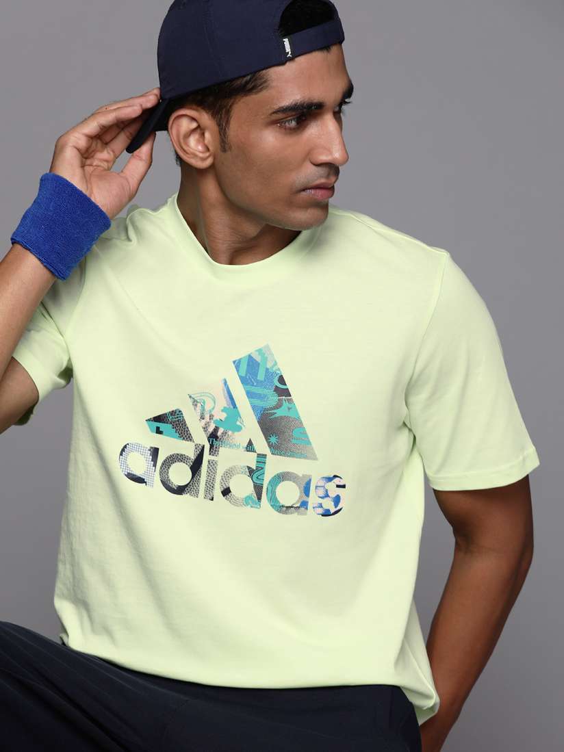 Buy ADIDAS Men Lime Green Blue Pure Cotton Multiplicity Badge of Sport Printed T shirt Tshirts for Men 17204362 Myntra