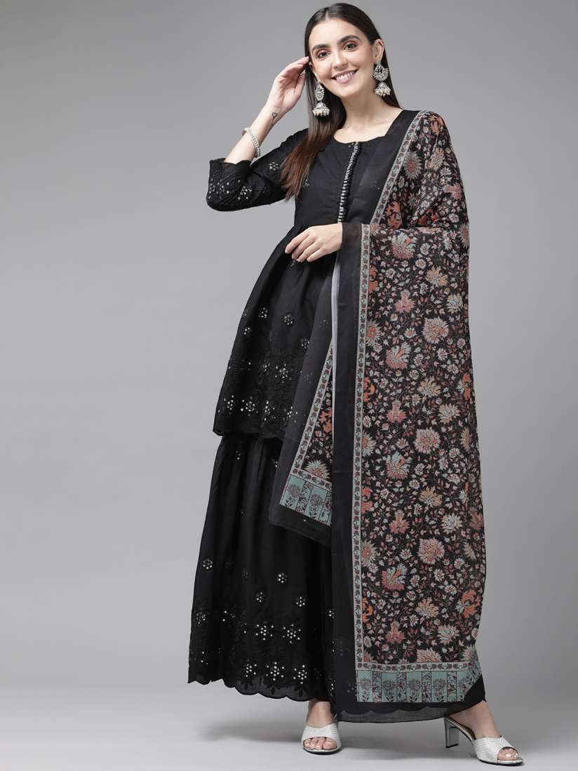 Buy Yufta Women Black Empire Mirror Work Pure Cotton Kurti with Sharara With Dupatta Kurta Sets for Women 17206834 Myntra