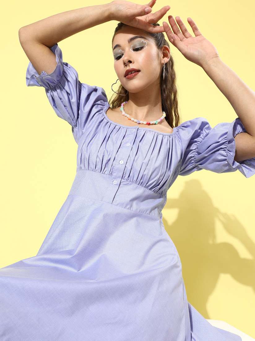 Buy LY2 Women Blue Solid Ruched Detail Cotton A Line Dress Dresses for Women 17220428 Myntra