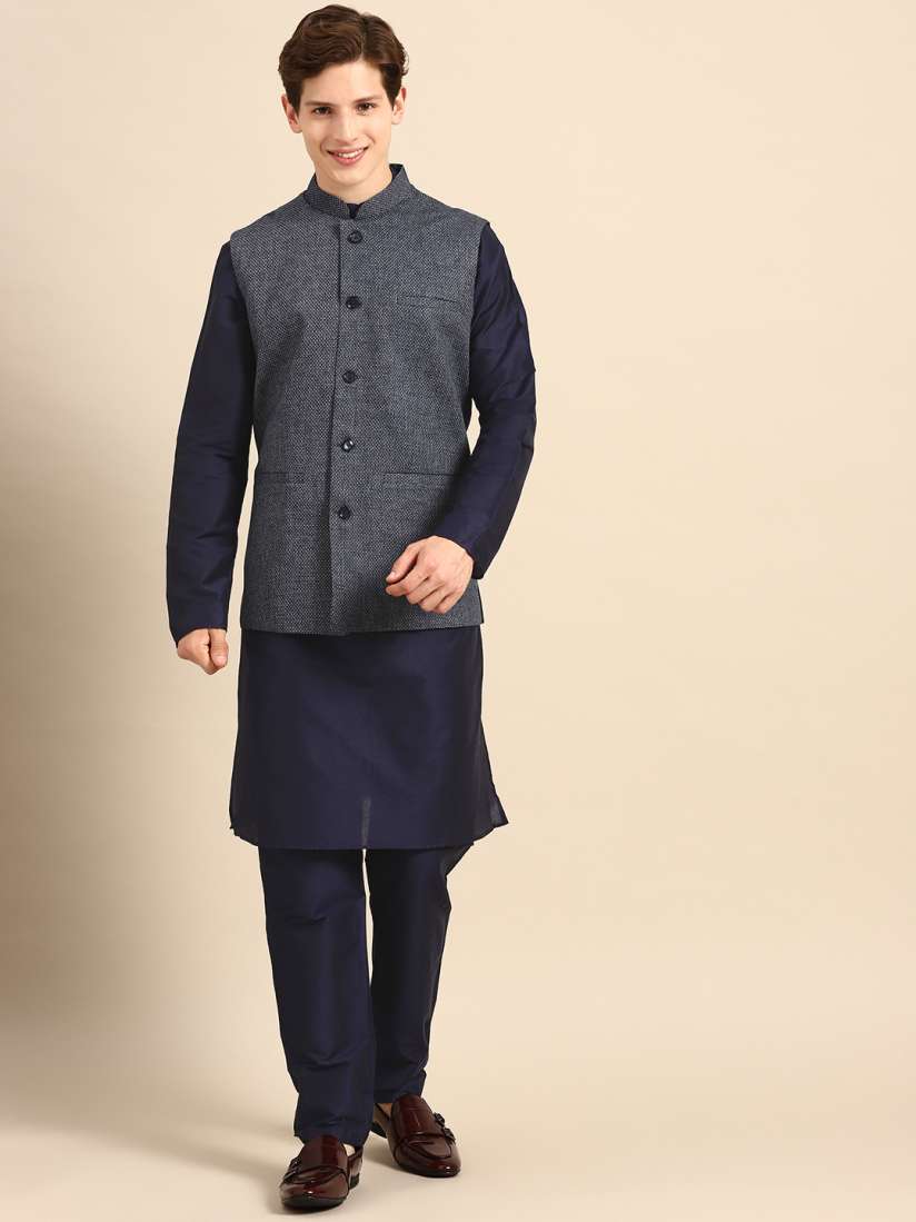 Buy Anouk Men Navy Blue Solid Straight Sustainable Kurta Pyjamas Woven Nehru Jacket Kurta Sets for Men 17228496 Myntra