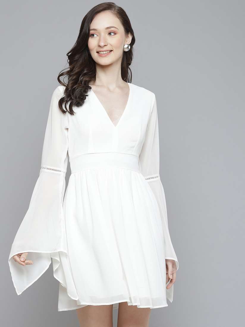 Buy SASSAFRAS Women White Solid Bell Sleeves A Line Dress Dresses for Women 17240072 Myntra