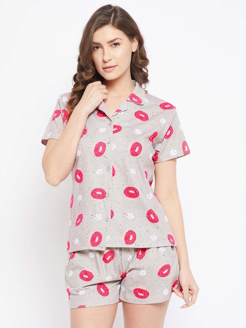Buy Clovia Grey Conversational Printed Pure Cotton Shirt Shorts Night Suit Night suits for Women 17269230 Myntra