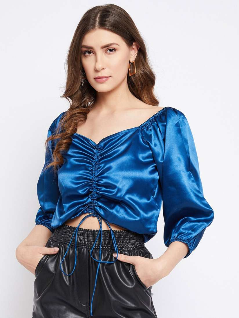 Buy Bitterlime Turquoise Blue Solid Off Shoulder Satin Bardot Crop Top Tops for Women 17277878 Myntra