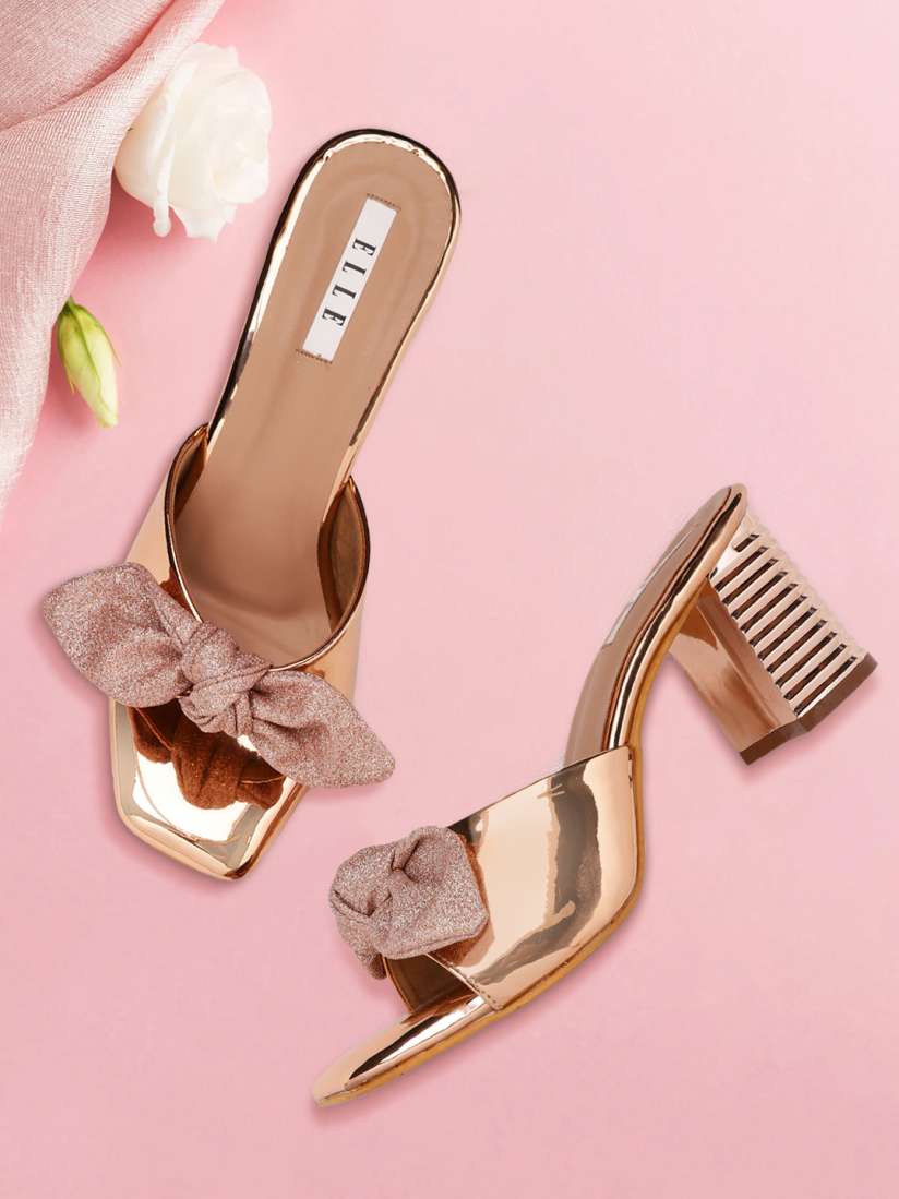 Buy ELLE Gold Toned Solid Block Heels with Bow Detail Heels for Women 17294590 Myntra