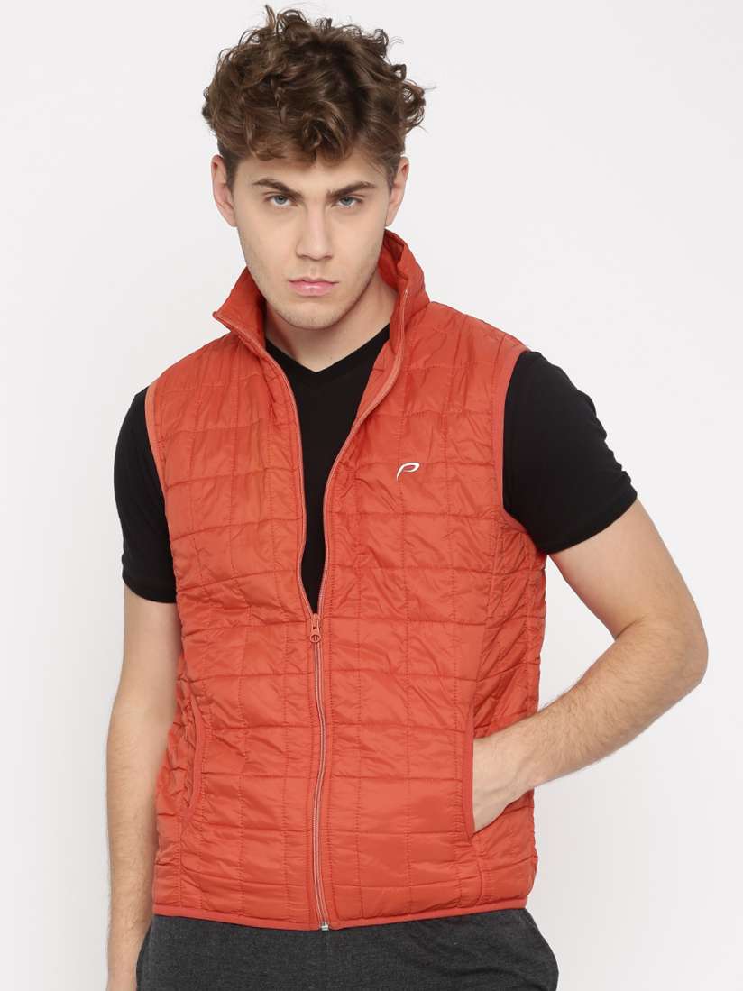Orange sleeveless puffer jacket sale