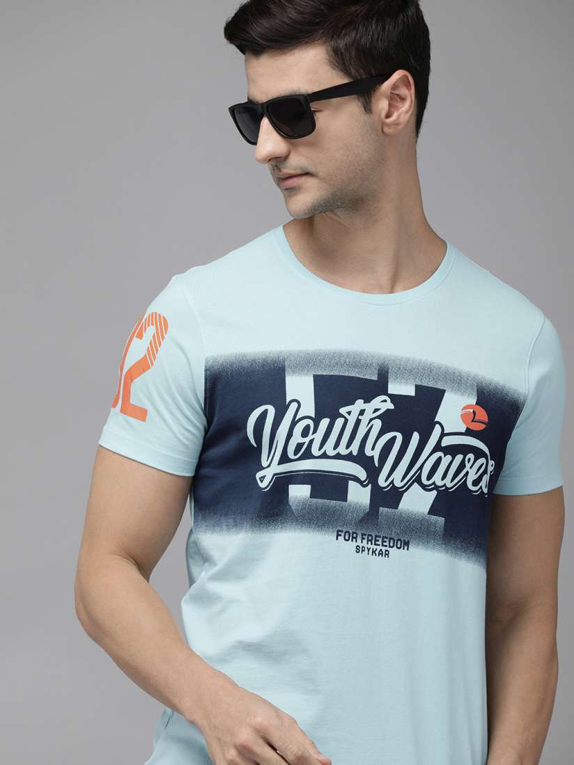 Buy SPYKAR Men Blue Typography Printed Pure Cotton Slim Fit T shirt Tshirts for Men 17304516 Myntra