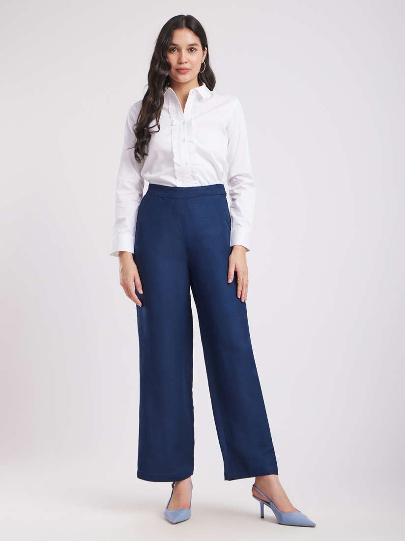 Buy FableStreet Women Navy Blue Comfort Loose Fit Formal Parallel Trousers Trousers for Women 17315866 Myntra